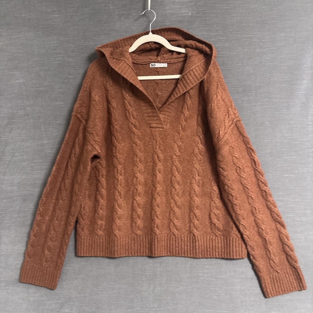 SO Sonoma Sweater‎ XL Rust Brown Cable Knit Hooded V Neck Pullover Cozy Casual